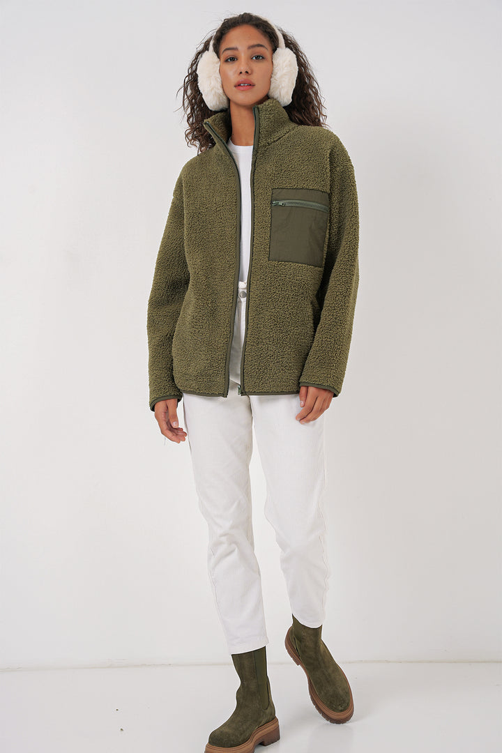 BGD Women Women's Zippered Oversized Plush Jacket - Khaki - Brant