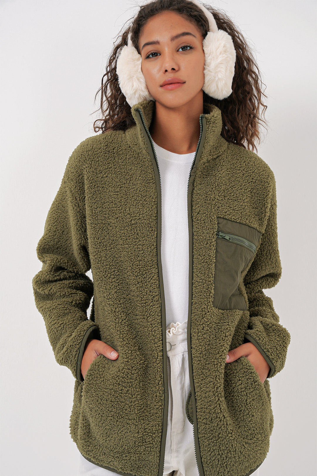 BGD Women Women's Zippered Oversized Plush Jacket - Khaki - Brant