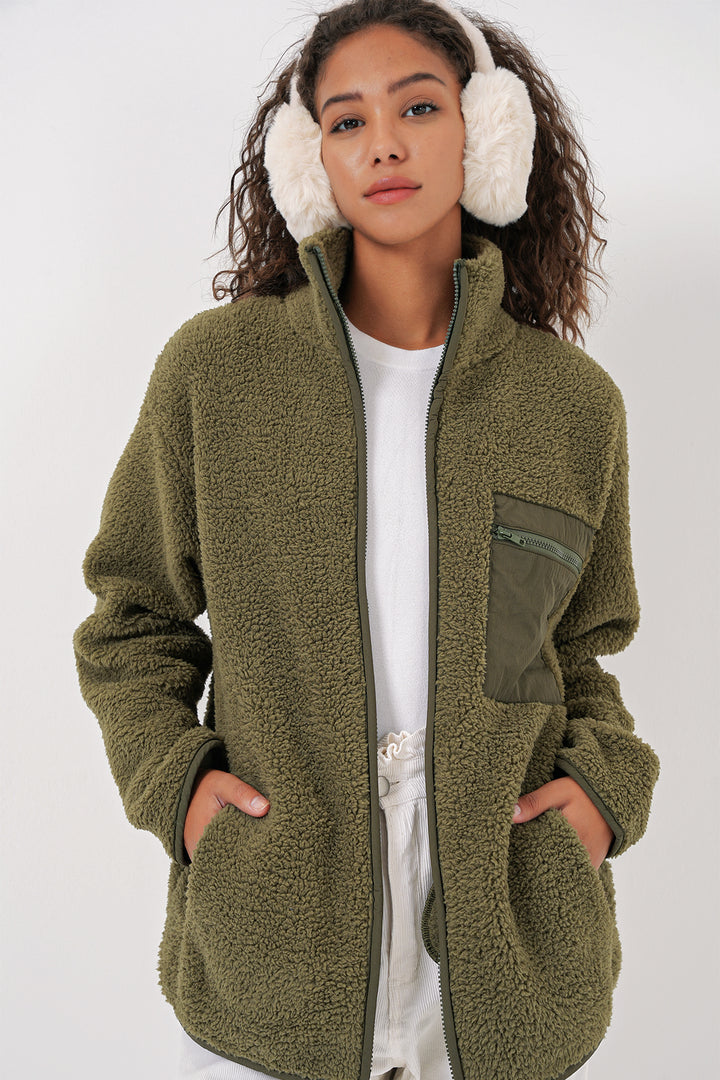 BGD Women Women's Zippered Oversized Plush Jacket - Khaki - Brant