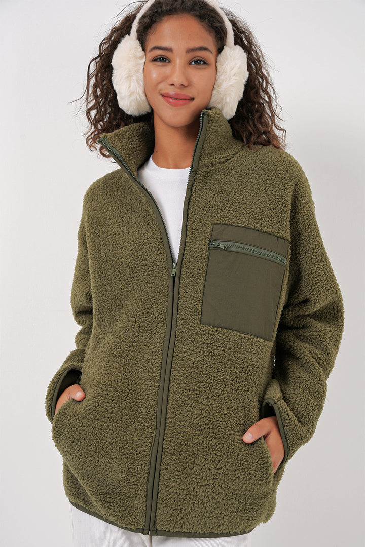BGD Women Women's Zippered Oversized Plush Jacket - Khaki - Brant