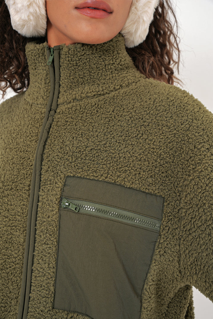BGD Women Women's Zippered Oversized Plush Jacket - Khaki - Brant