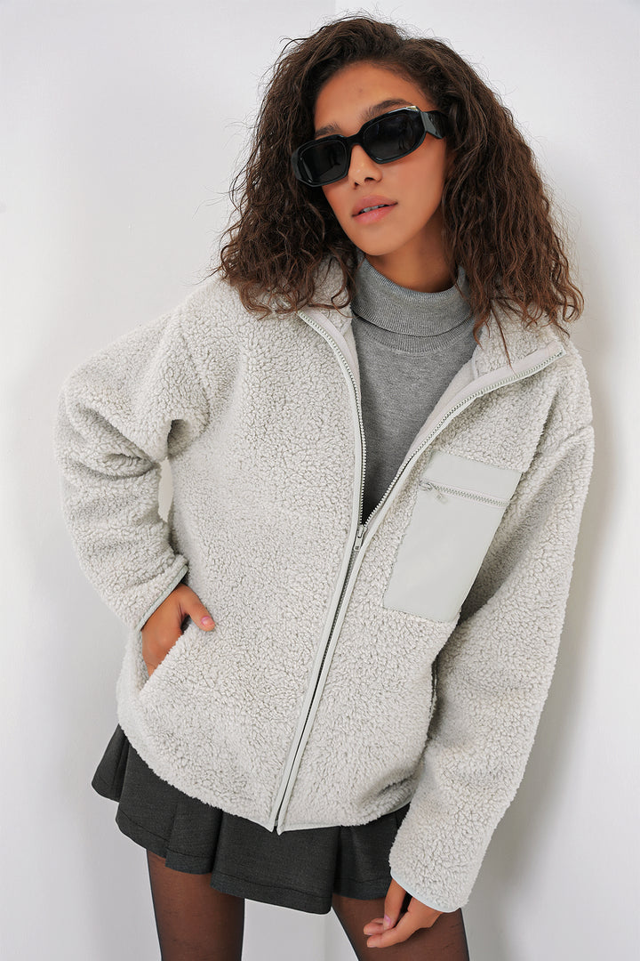 BGD Women Women's Zippered Oversized Plush Jacket - Stone - Arnhem