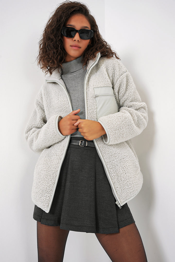 BGD Women Women's Zippered Oversized Plush Jacket - Stone - Arnhem
