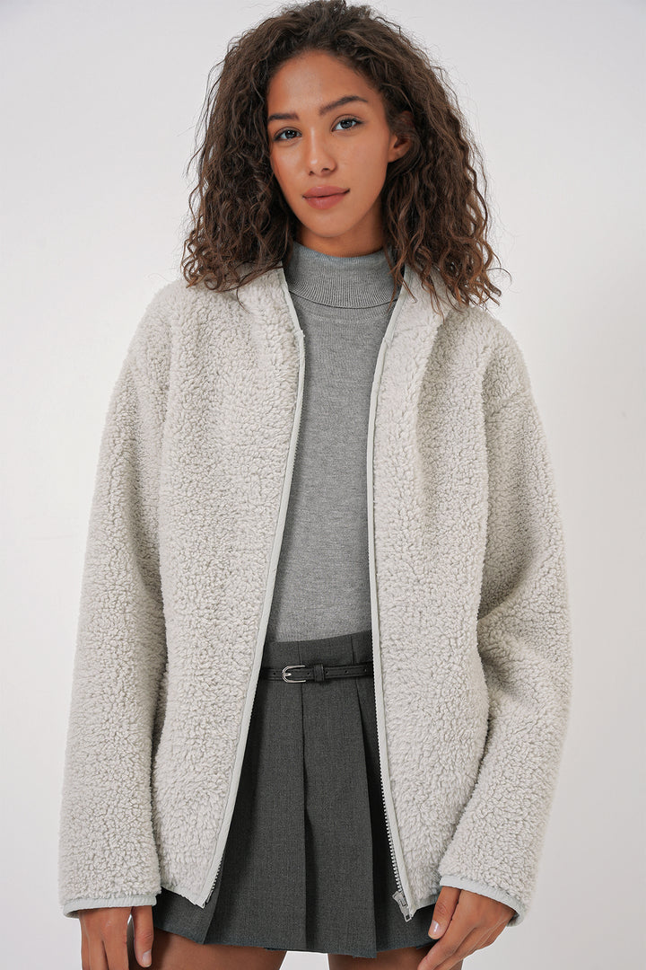 BGD Women Women's Hooded Oversized Plush Jacket - Gray - La Piedad