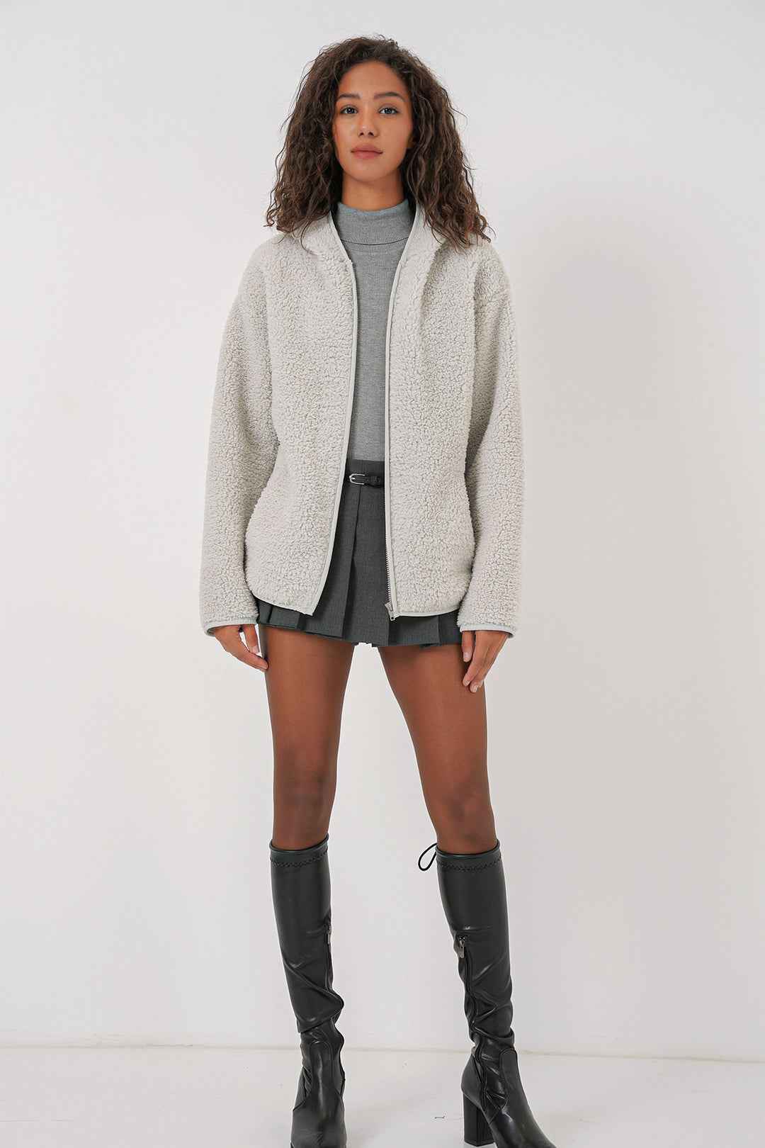 BGD Women Women's Hooded Oversized Plush Jacket - Gray - La Piedad