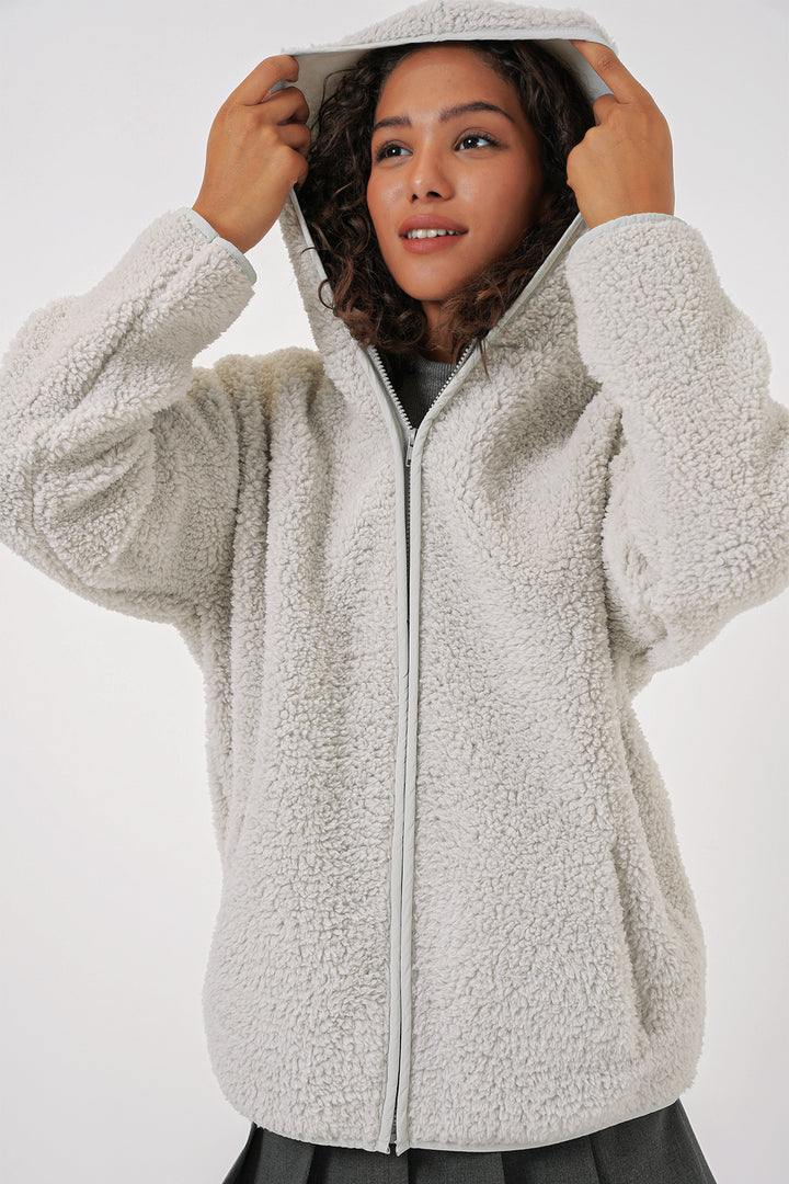 BGD Women Women's Hooded Oversized Plush Jacket - Gray - La Piedad