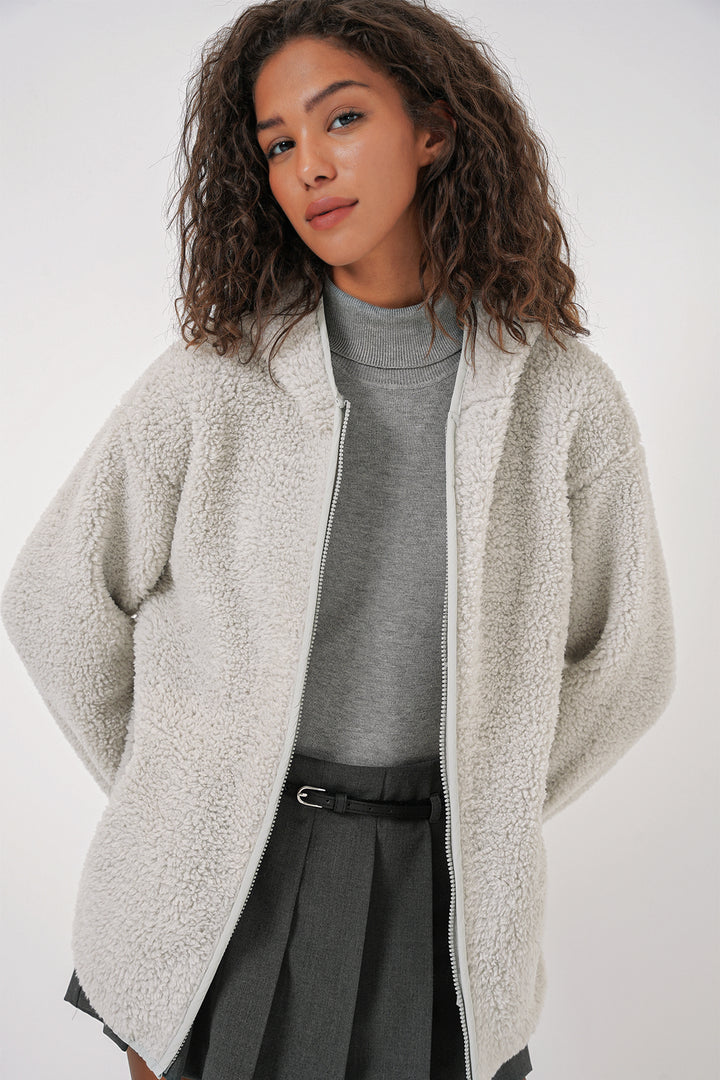 BGD Women Women's Hooded Oversized Plush Jacket - Gray - La Piedad
