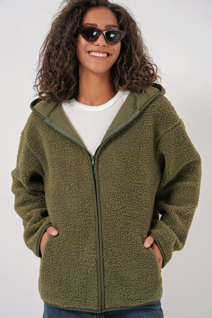 BGD Women Women's Hooded Oversized Plush Jacket - Khaki - Middletown
