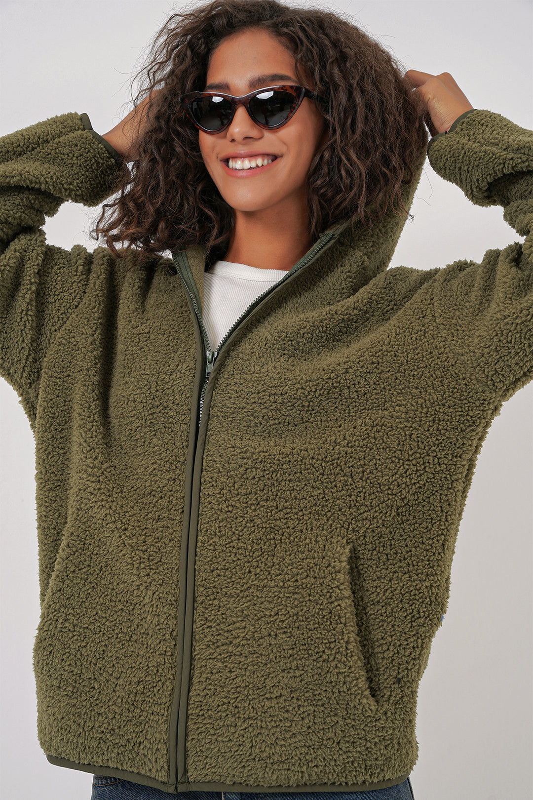 BGD Women Women's Hooded Oversized Plush Jacket - Khaki - Middletown