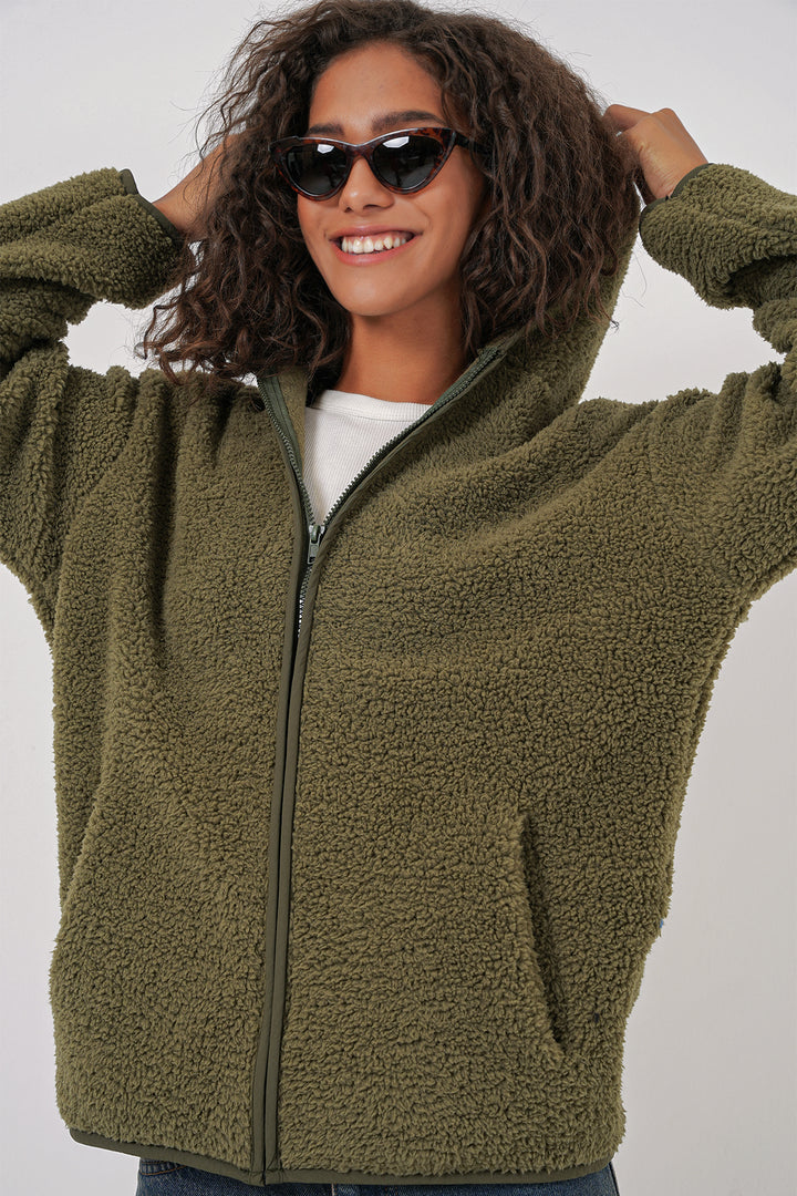 BGD Women Women's Hooded Oversized Plush Jacket - Khaki - Middletown
