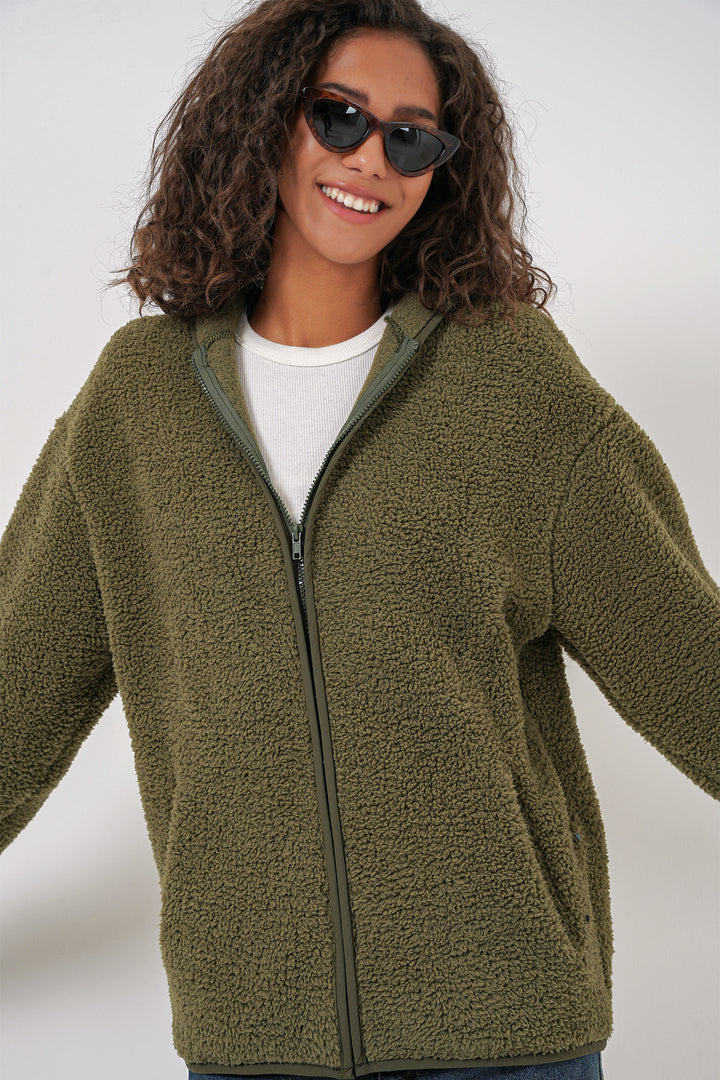 BGD Women Women's Hooded Oversized Plush Jacket - Khaki - Middletown