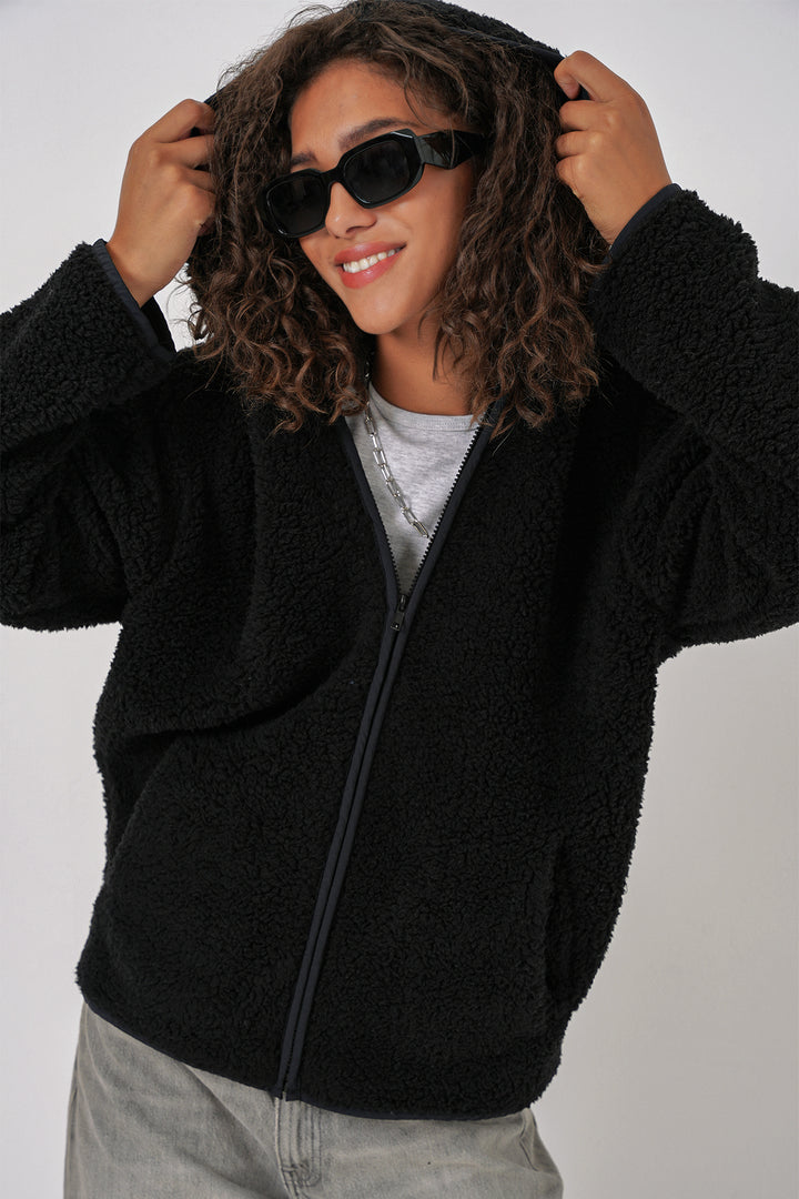 BGD Women Women's Hooded Oversized Plush Jacket - Black - Torre del Greco