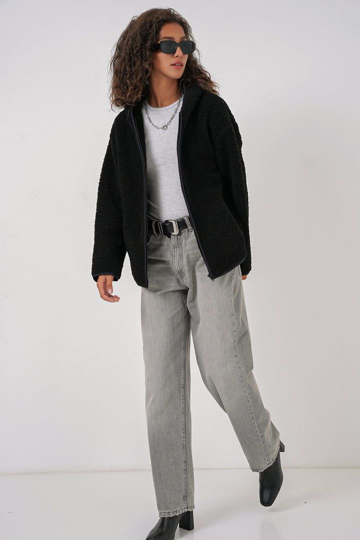 BGD Women Women's Hooded Oversized Plush Jacket - Black - Torre del Greco