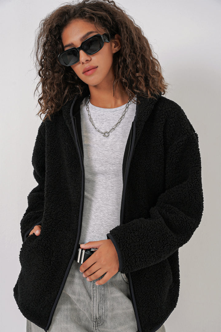 BGD Women Women's Hooded Oversized Plush Jacket - Black - Torre del Greco
