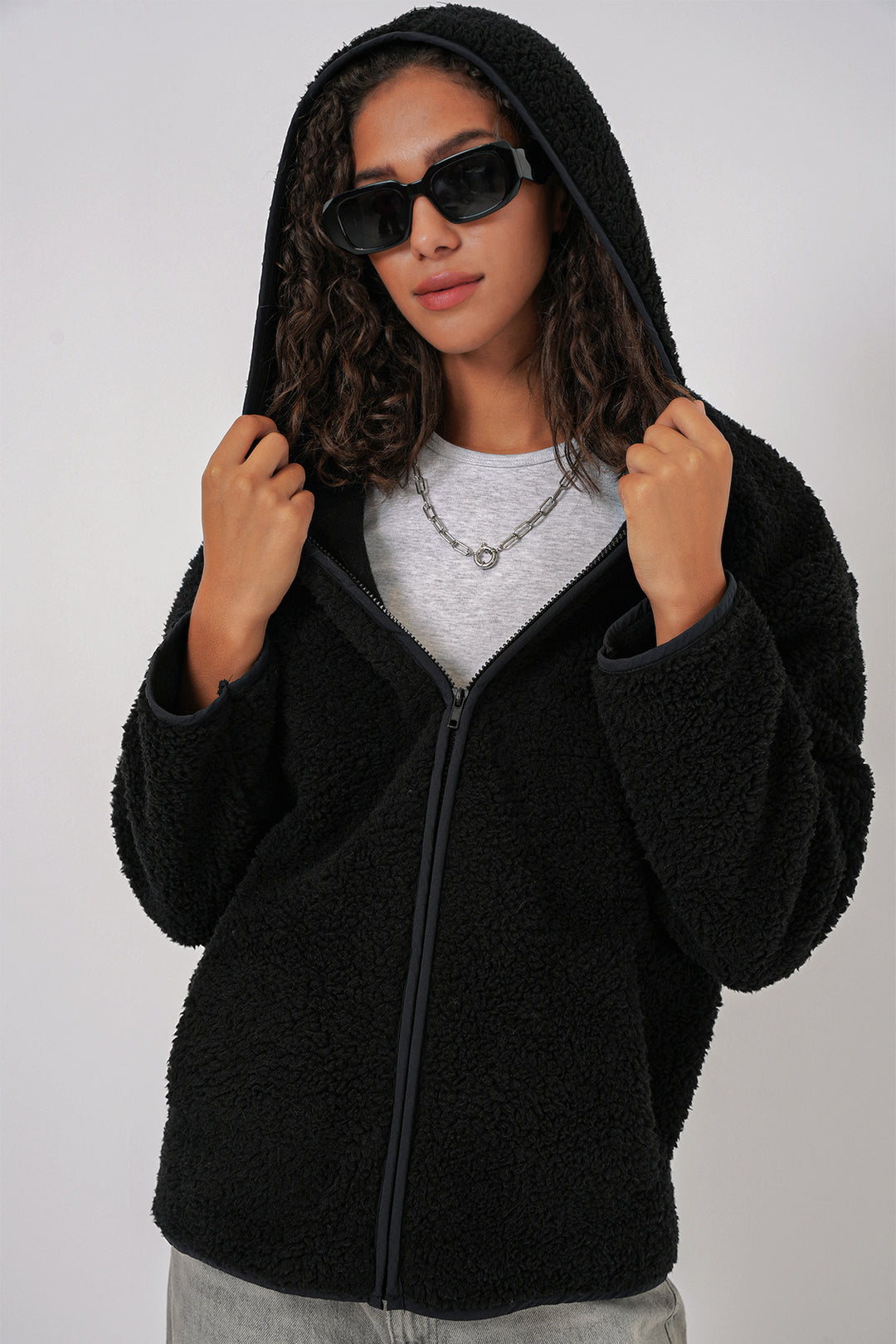 BGD Women Women's Hooded Oversized Plush Jacket - Black - Torre del Greco