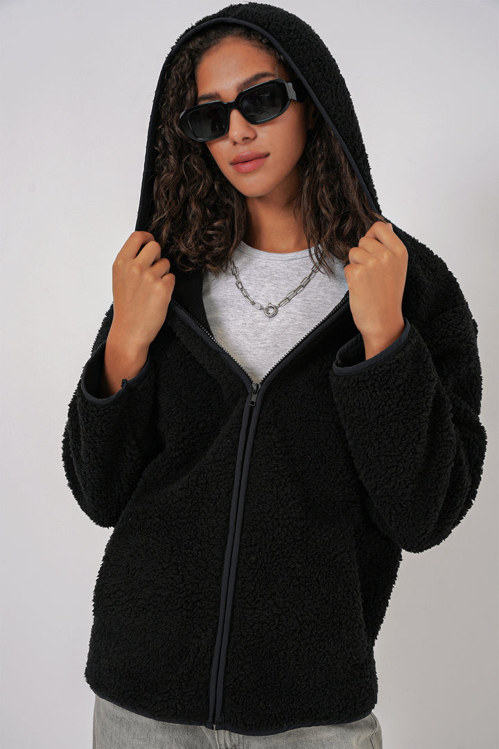BGD Women Women's Hooded Oversized Plush Jacket - Black - Torre del Greco
