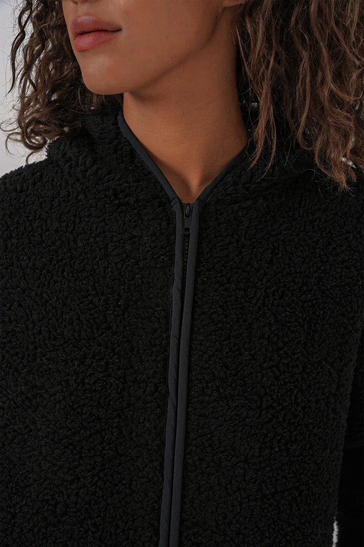 BGD Women Women's Hooded Oversized Plush Jacket - Black - Torre del Greco