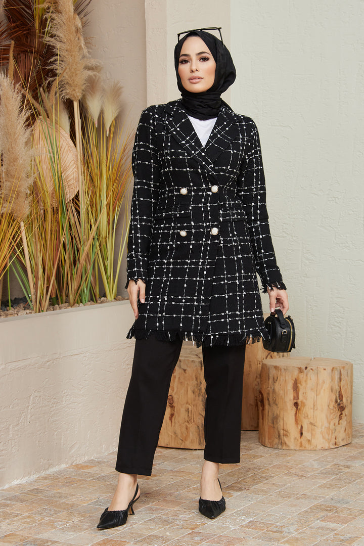 ZRF Women Chanel Tweed Fringed Blazer Jacket - Black - Lamía