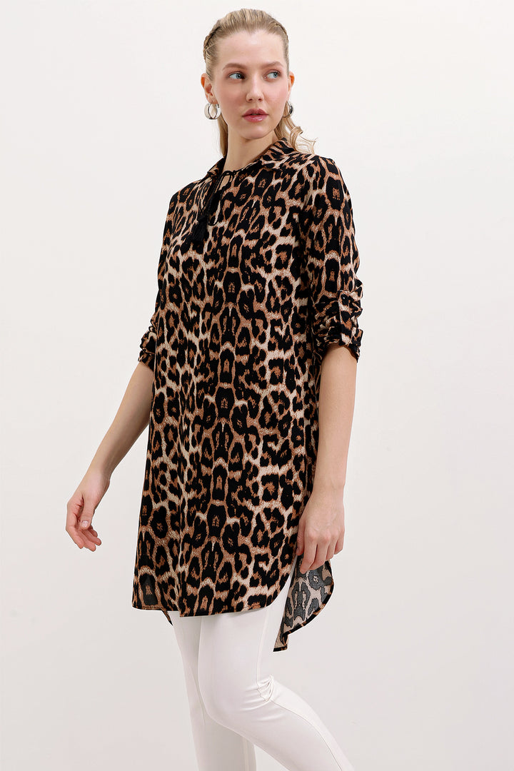 BGD Women Necklace Tied Patterned Tunic - Brown - Avondale