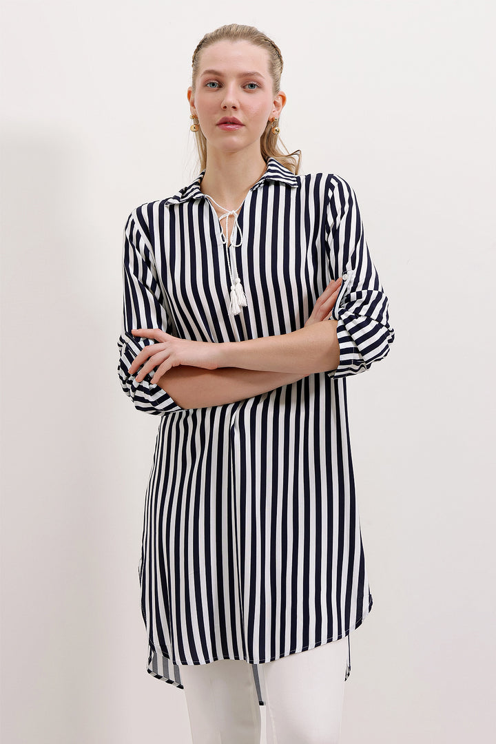 BGD Women Striped Tunic with Neck Tie - Navy Blue - Ciudad de Huajuapam de León