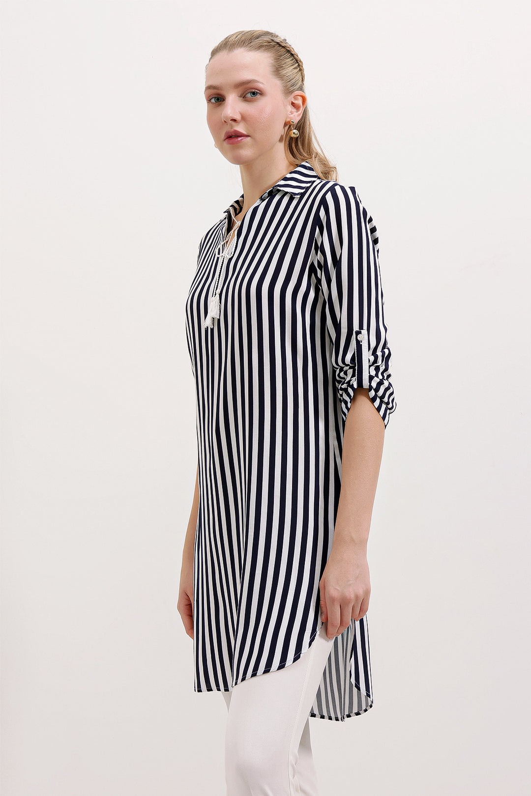 BGD Women Striped Tunic with Neck Tie - Navy Blue - Ciudad de Huajuapam de León