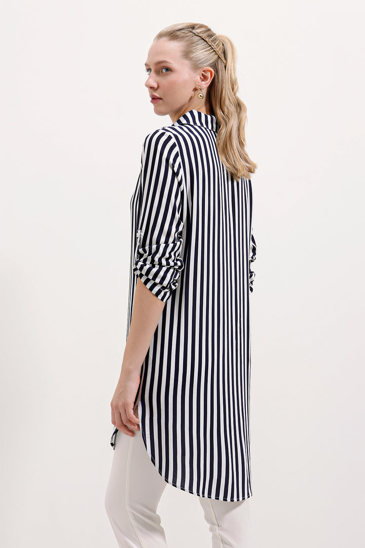 BGD Women Striped Tunic with Neck Tie - Navy Blue - Ciudad de Huajuapam de León