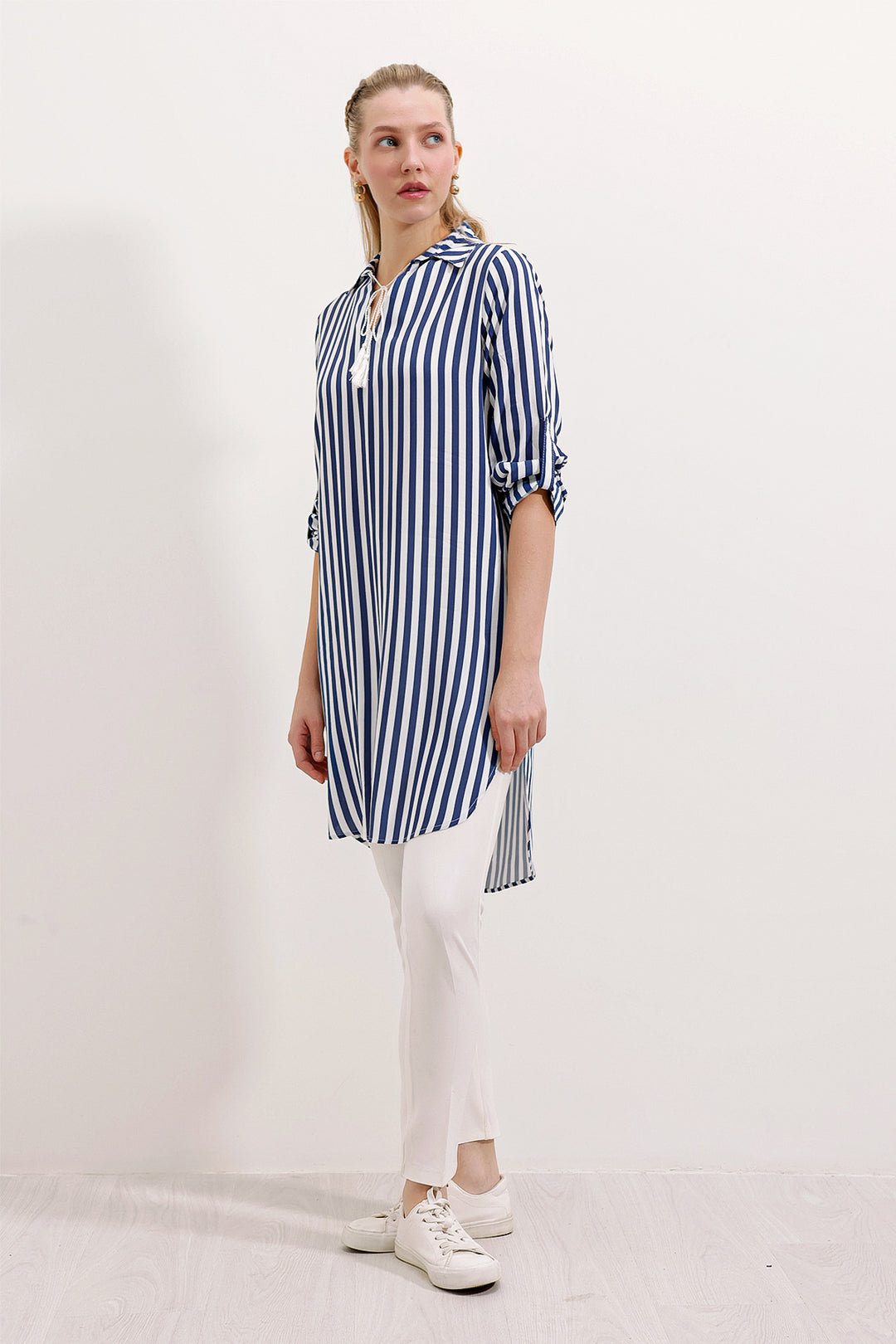 BGD Women Striped Tunic with Neck Tie - Blue - Avondale