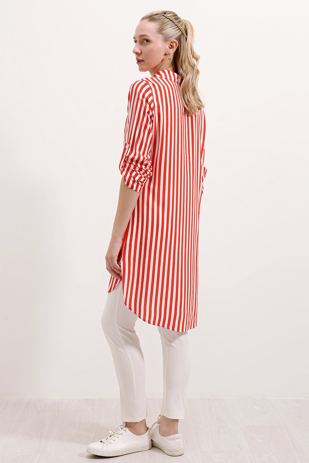 BGD Women Striped Tunic with Neck Tie - Pomegranate - Avondale