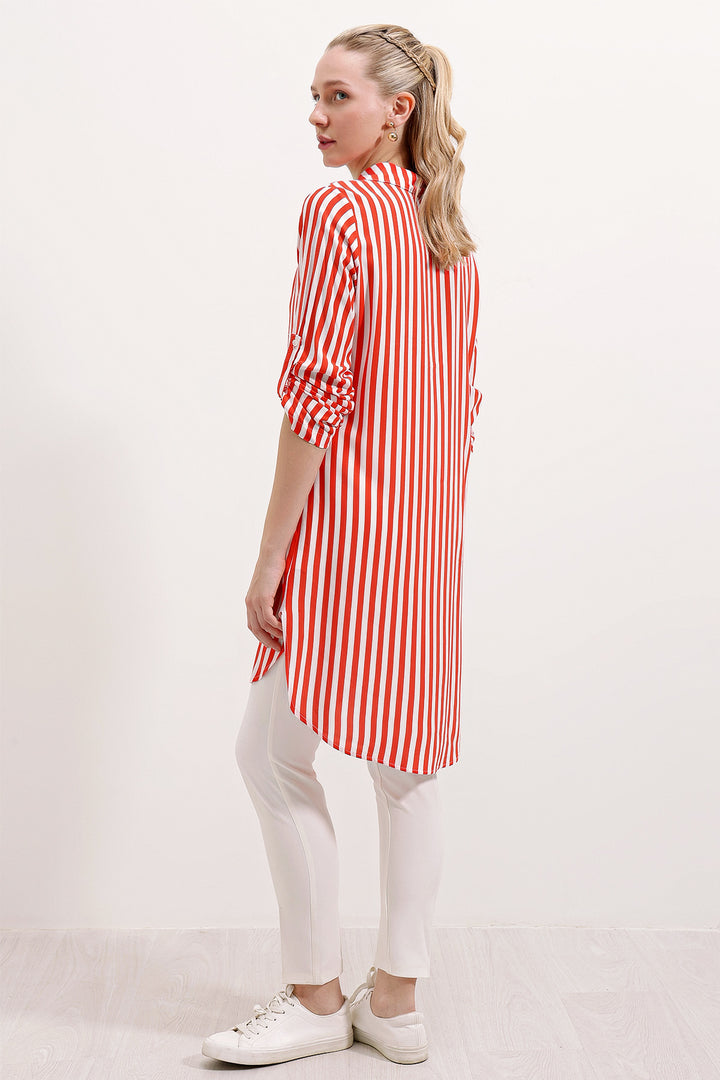 BGD Women Striped Tunic with Neck Tie - Pomegranate - Avondale
