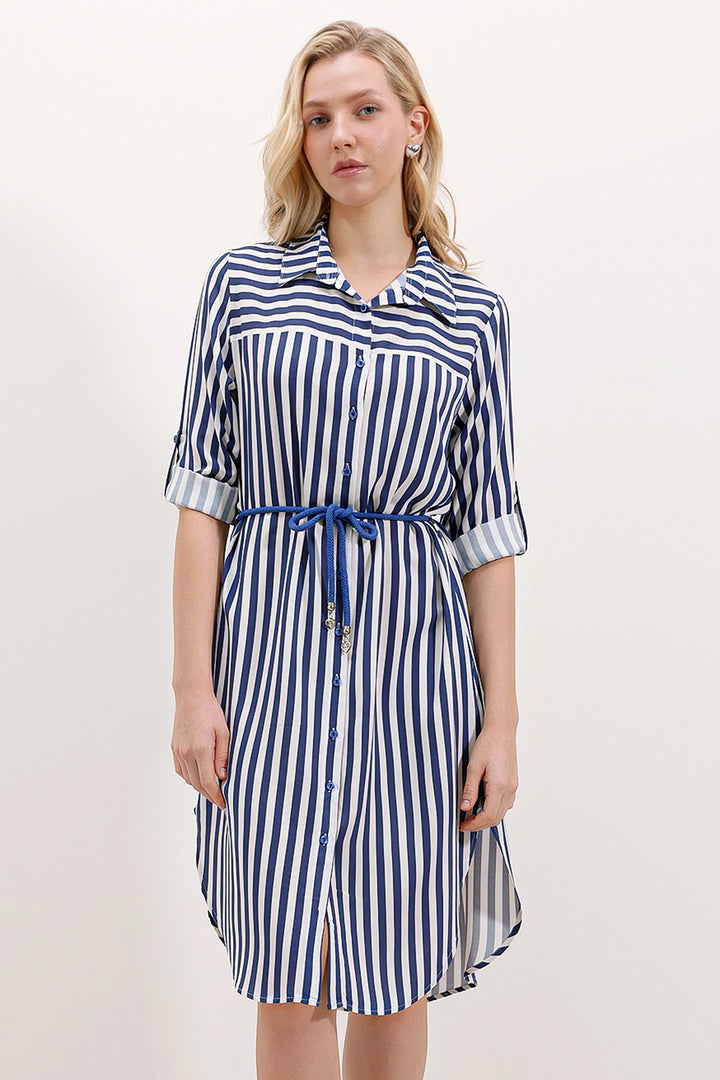 BGD Women Striped Belted Dress - Blue - Avondale