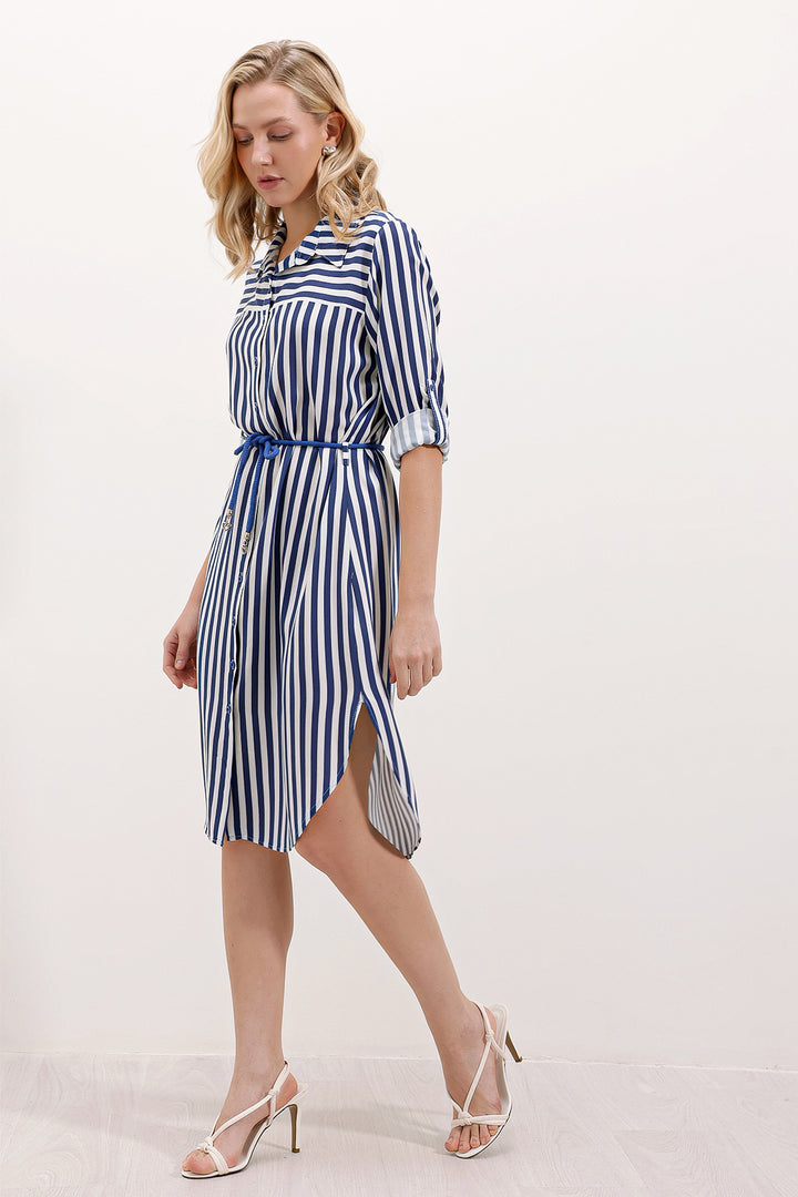 BGD Women Striped Belted Dress - Blue - Avondale