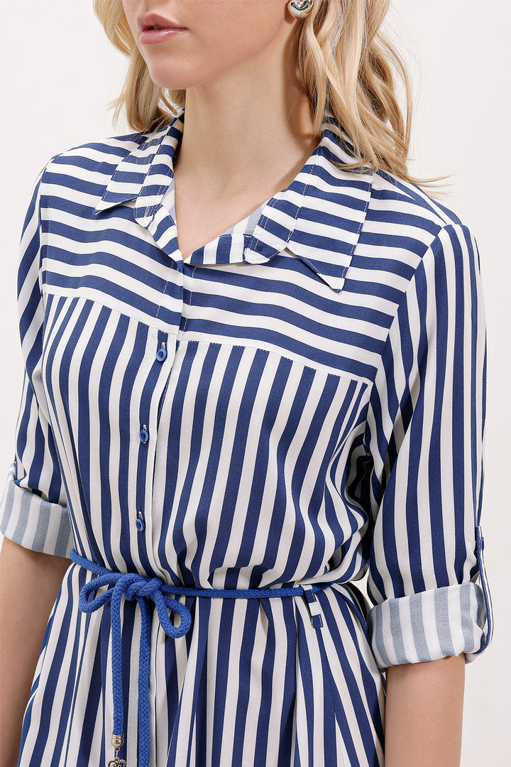 BGD Women Striped Belted Dress - Blue - Avondale