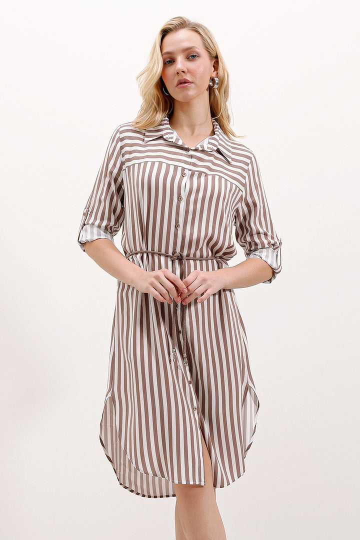 BGD Women Striped Belted Dress - Mink - Avondale