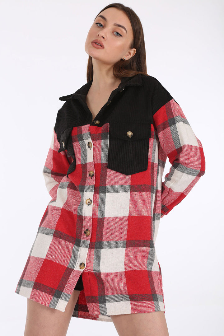 BGD Women Oversized Plaid Patterned Tunic with Pockets - Red - Annapolis
