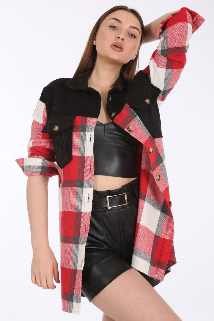 BGD Women Oversized Plaid Patterned Tunic with Pockets - Red - Annapolis