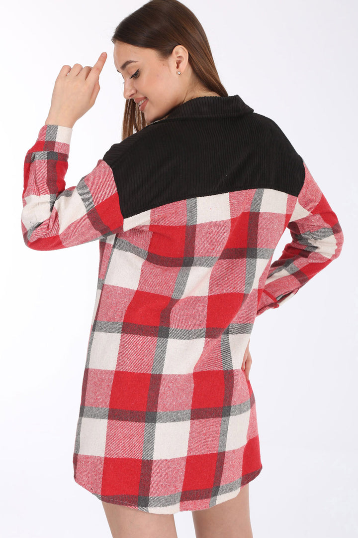 BGD Women Oversized Plaid Patterned Tunic with Pockets - Red - Annapolis