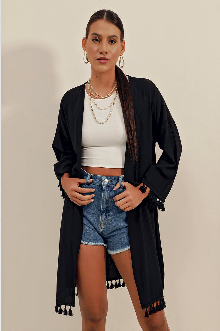 BGD Women Ruffled Kimono - Black - Grapevine