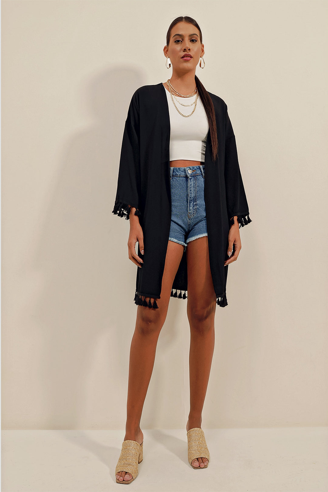 BGD Women Ruffled Kimono - Black - Grapevine