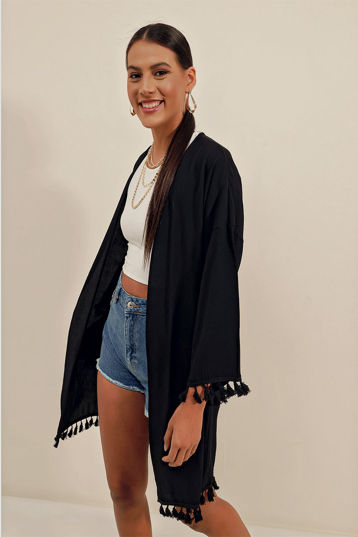 BGD Women Ruffled Kimono - Black - Grapevine