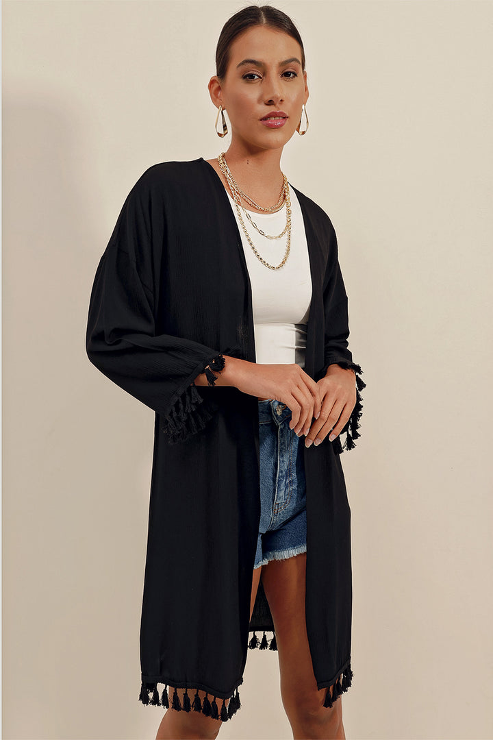 BGD Women Ruffled Kimono - Black - Grapevine