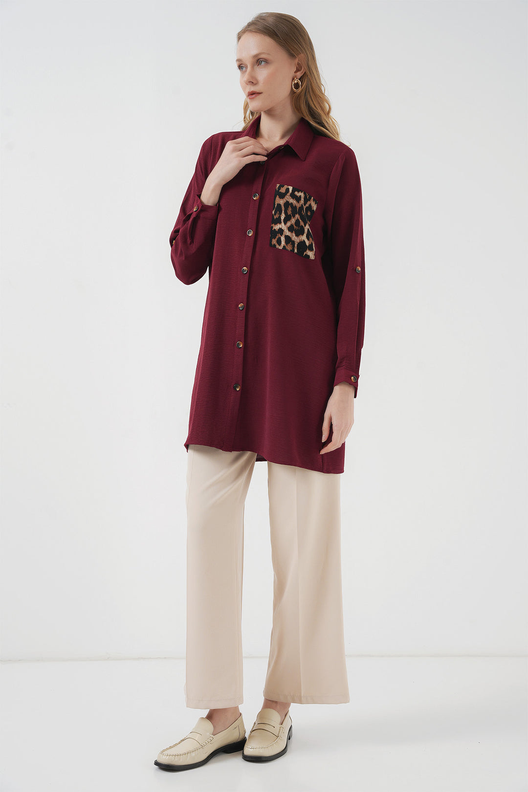 BGD Women Pocket Detailed Shirt Tunic - Burgundy - Kortrijk