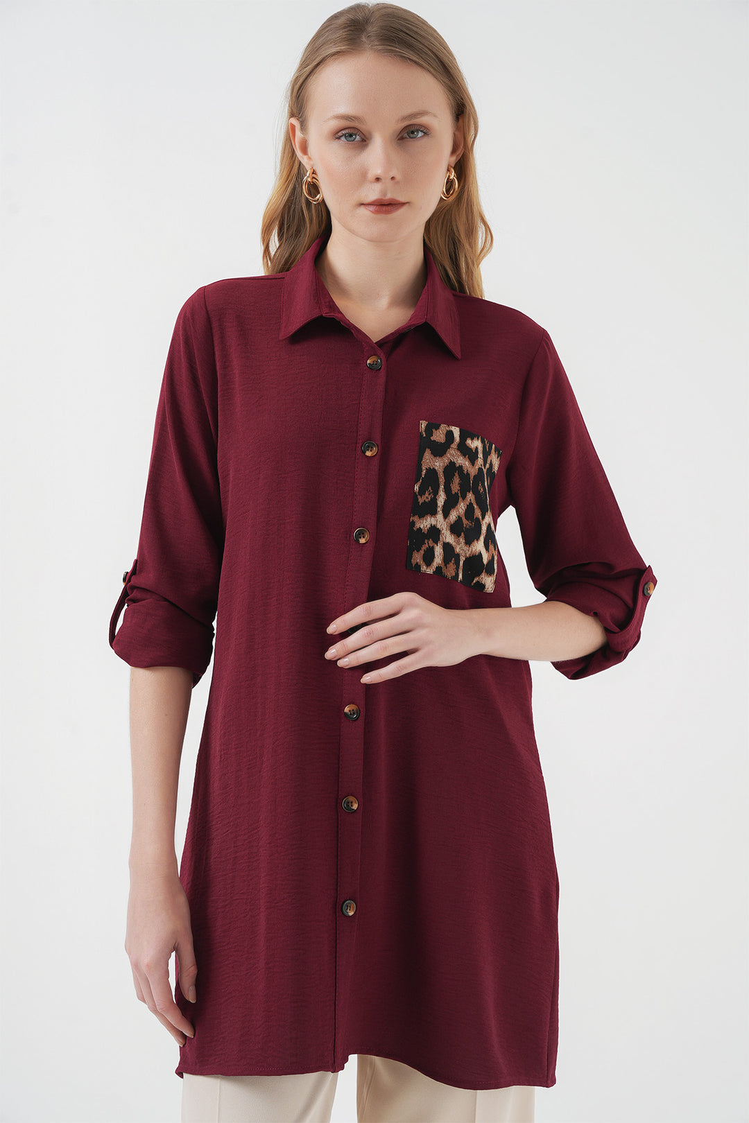 BGD Women Pocket Detailed Shirt Tunic - Burgundy - Kortrijk