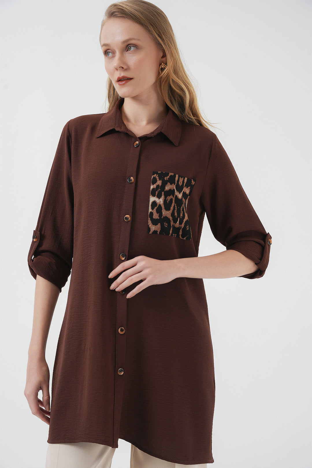 BGD Women Pocket Detailed Shirt Tunic - Brown - Pittsfield