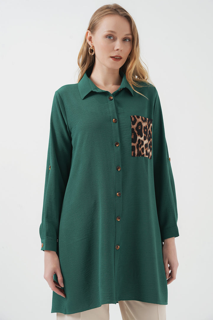 BGD Women Pocket Detailed Shirt Tunic - Emerald Green - Twin Falls