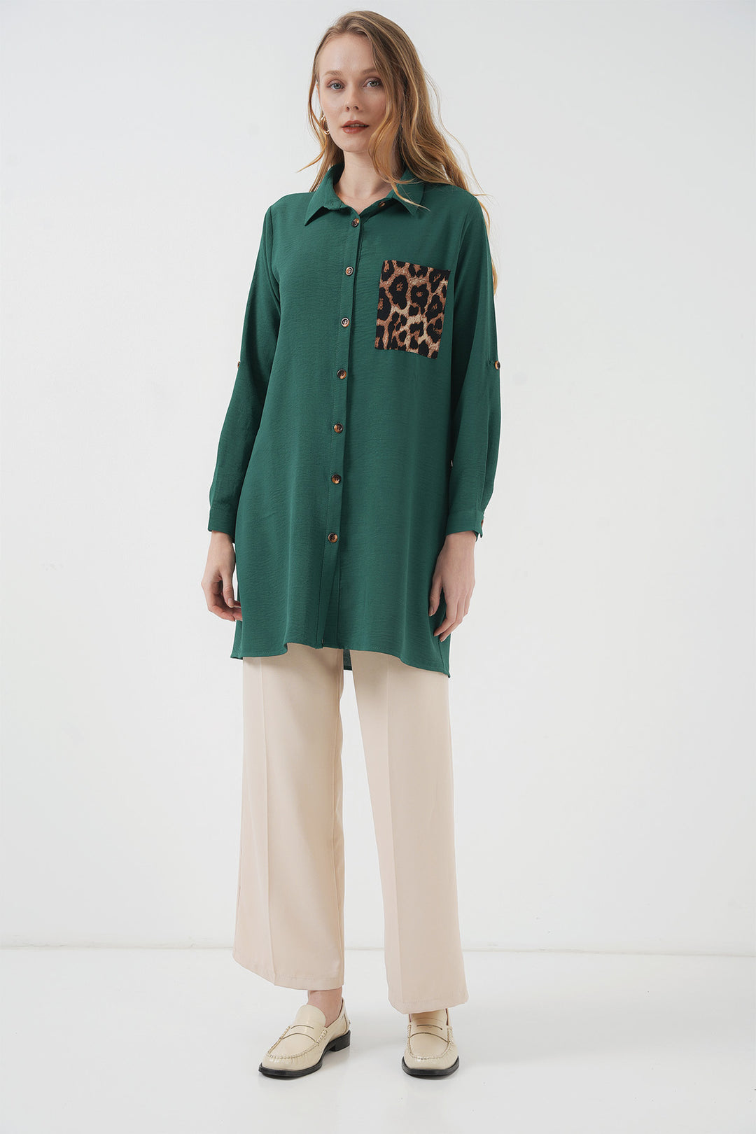 BGD Women Pocket Detailed Shirt Tunic - Emerald Green - Twin Falls