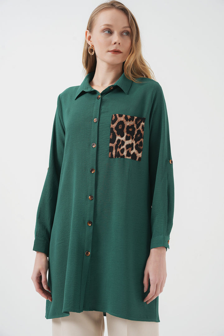 BGD Women Pocket Detailed Shirt Tunic - Emerald Green - Twin Falls
