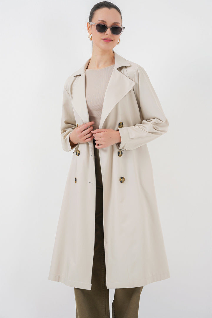 BGD Women Double Breasted Trench Coat with Back Print - Light Beige - Kamianske