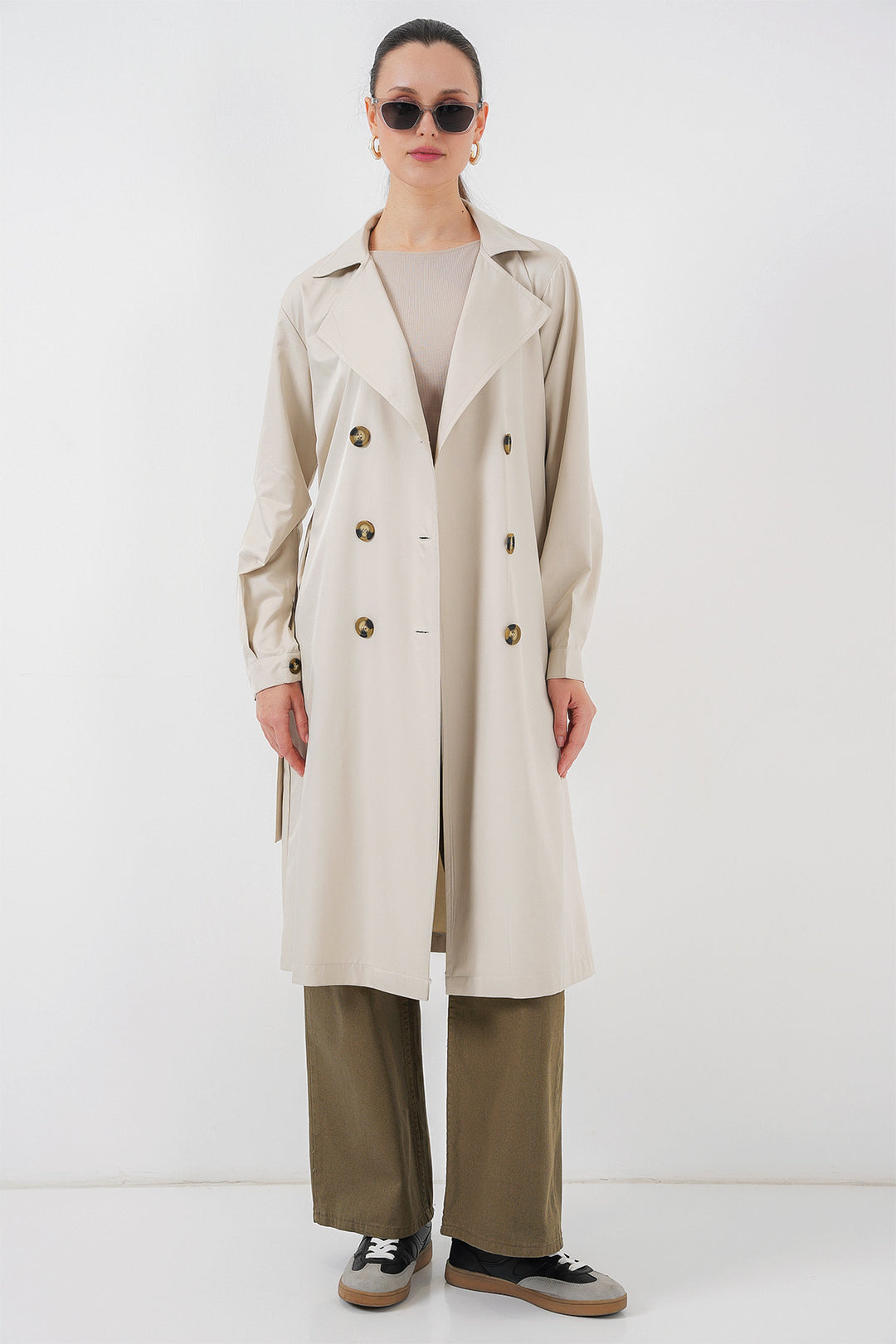 BGD Women Double Breasted Trench Coat with Back Print - Light Beige - Kamianske