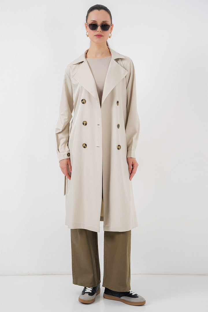 BGD Women Double Breasted Trench Coat with Back Print - Light Beige - Kamianske