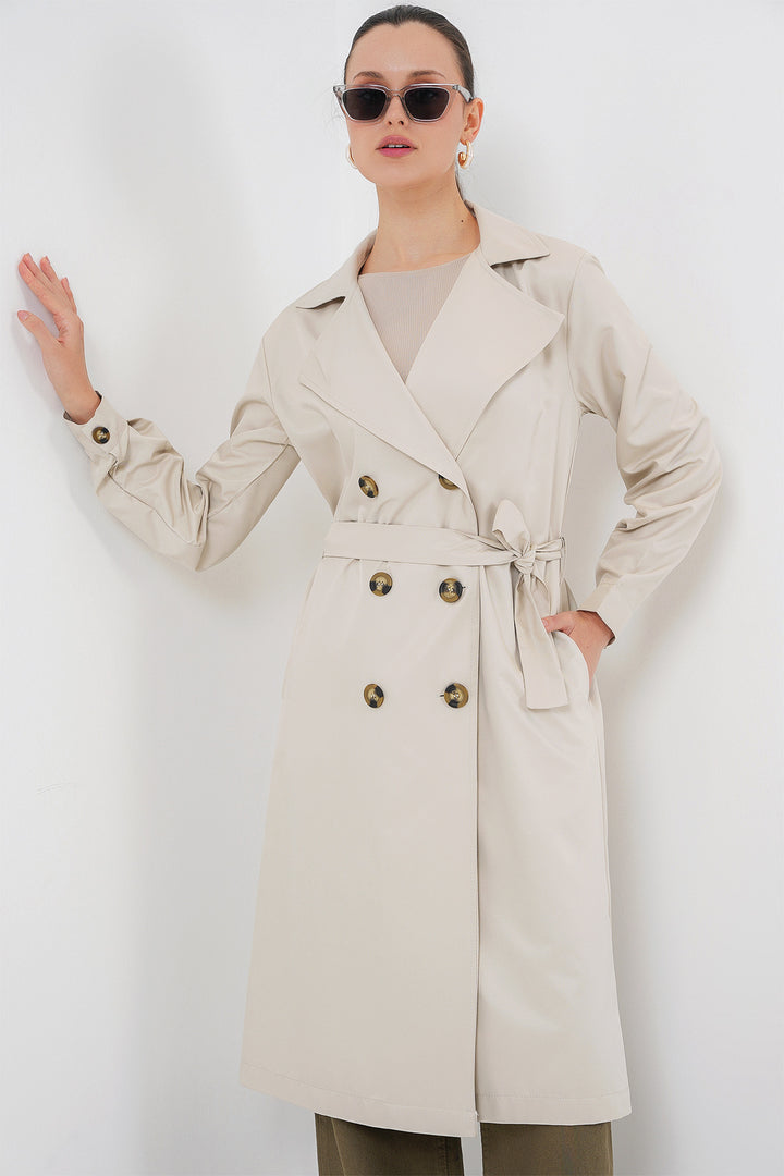 BGD Women Double Breasted Trench Coat with Back Print - Light Beige - Kamianske